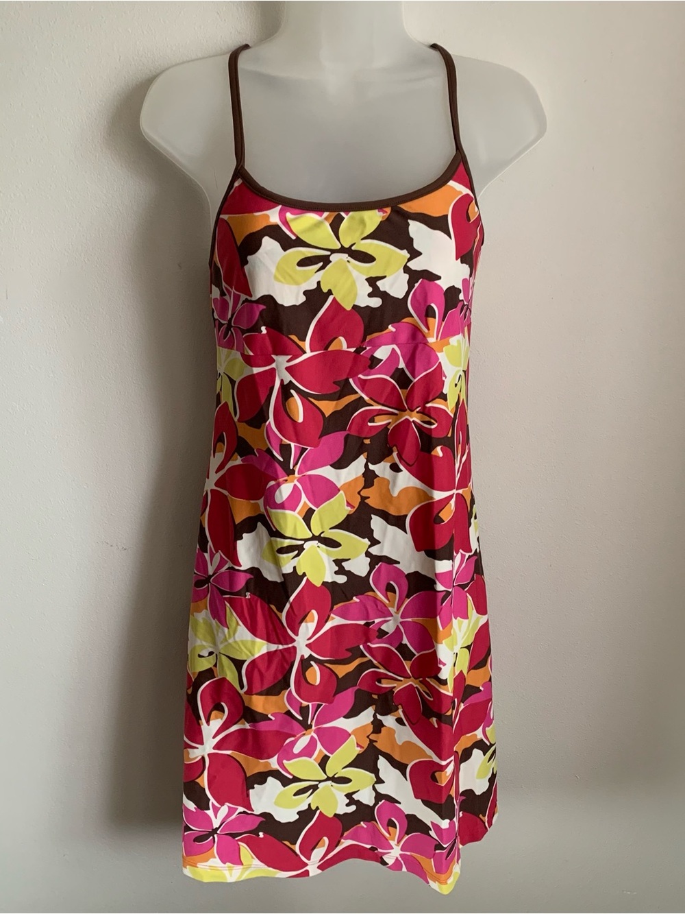 Floral Spaghetti-Strap Athletic Dress in Pink & Brown
